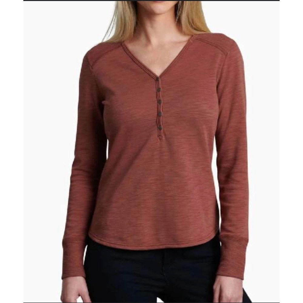Khul Lola Pull Over Long Sleeve Henley Top Rust Red Textured V Neck Buttons‎ XS
